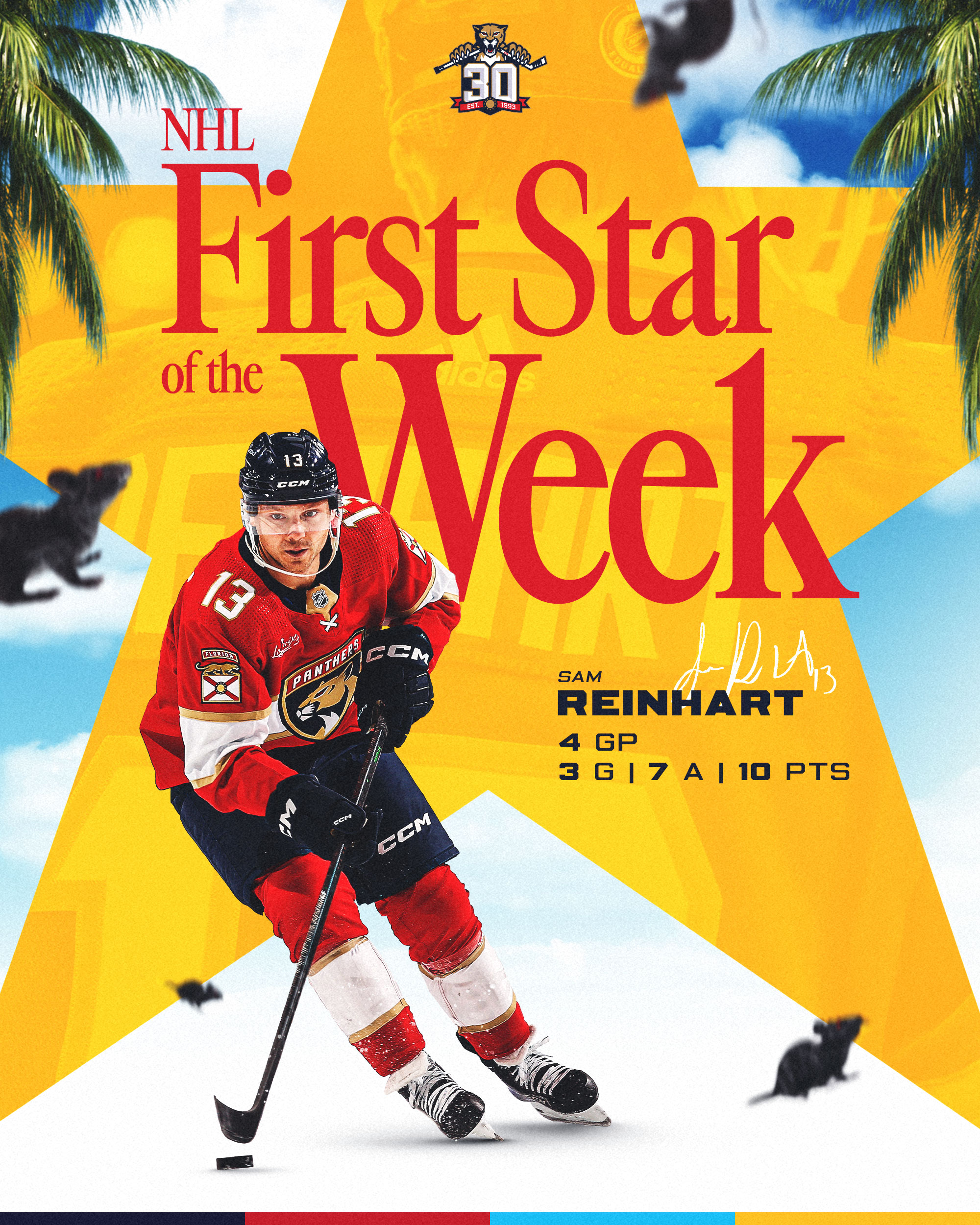 Sam Reinhart's consistency earns top honors as the National Hockey League would name him the First Star of the Week.